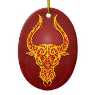 Intricate Golden Red Tribal Taurus Ornament