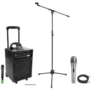 Pyle Speaker, Mic, Cable and Stand Package   PWMA930I 600 Watt VHF Wireless Portable PA Speaker System/Echo W/Ipod Dock   PDMIK1 Professional Moving Coil Dynamic Handheld Microphone   PMKS2 Tripod Microphone Stand w/Boom   PPMCL50 50ft. Symmetric Microphon