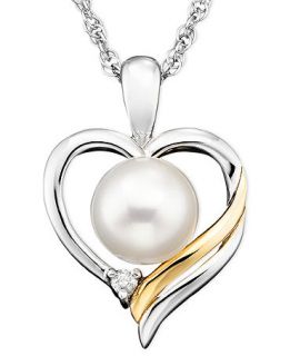 14k Gold & Sterling Silver Pendant, Pearl & Diamond Accent   Necklaces   Jewelry & Watches