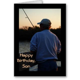 Happy Birthday Son, man fishing in sunset Greeting Cards