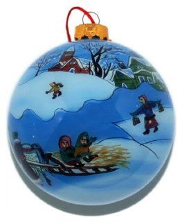 Hand Painted Glass Ornament, Children at Snow Play CO 106   Decorative Hanging Ornaments