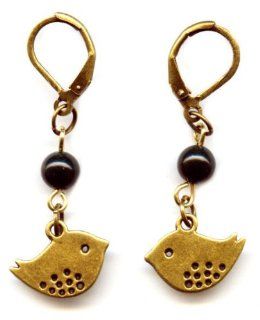 Brass and Little Birds Spotted Belly Earrings with Green Bloodstone Gemstones Handmade Artist Jewelry Dangle Earrings Jewelry