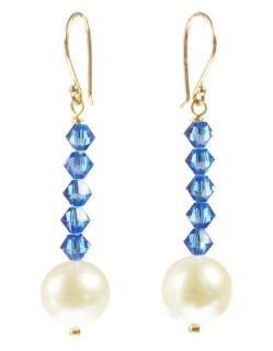 Gold Plated Sterling Silver Sapphire Crystallized Swarovski Elements Bicone Bead and White Freshwater Cultured Pearl Drop Earrings Jewelry