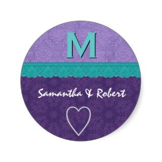 Purple and Teal Damask and Lace Monogram V2A Sticker
