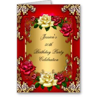 Invitation 50th Birthday Party Red Gold Rose Greeting Cards