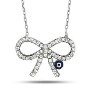 Sterling Silver Bow Tie Evil Eye With Cubic Zirconium Pendant (18 Inches) Pendant Necklaces Jewelry