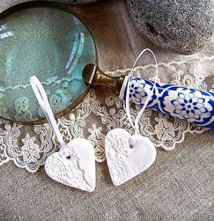 vintage lace impressed porcelain heart by little brick house ceramics