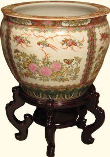 Exotic Chinese porcelain fish bowl planter, hand painted rose medallion bird & f  