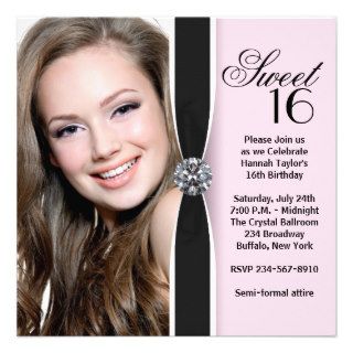 Pink Black Photo Sweet 16 Birthday Party Personalized Invitations