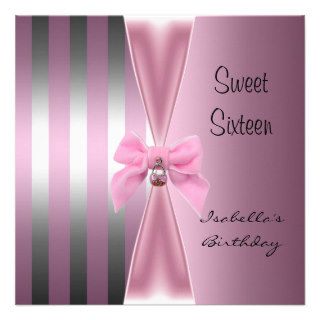 Sweet Sixteen16th Birthday Satin Pink Stripe Bow 2 Announcements