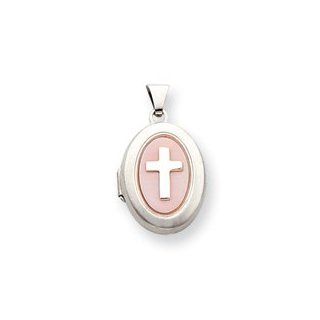 Sterling Silver Pink Mother of Pearl Cross 2 Frame Oval Locket Locket Necklaces Jewelry