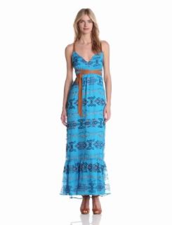 Twelfth Street by Cynthia Vincent Women's Leather Strap Halter Maxi Dress, Multi On Blue, Small Dresses