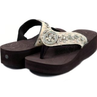 Montana West Tan Fleur de Lis Crystal Concho Wedge Flip Flops (7) Sandals Shoes
