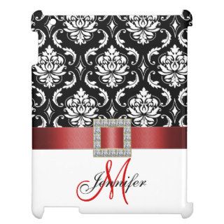 Girly, Personalized, Red Black Damask Pattern iPad Cases
