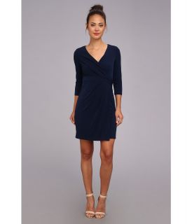 Ivy & Blu Maggy Boutique 3/4 Sleeve V Neck Wrap Front Solid Sheath Womens Dress (Navy)