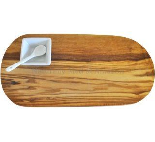 Olive Wood Serving Board with White Dipping Bowl and Spoon Shallow Serving Bowls Kitchen & Dining