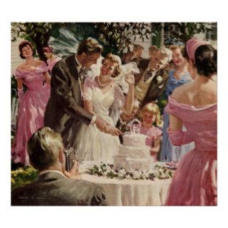Vintage Wedding Bride Groom Newlyweds Cut Cake Poster