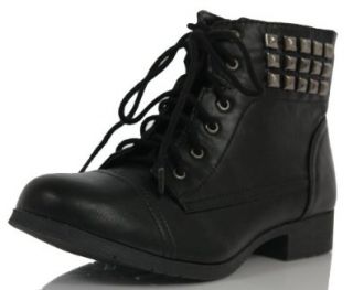 Black Faux Leather Combat Lace up Studded Low Heel Ankle Boots Freny 6 Shoes
