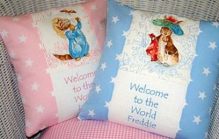 pastel beatrix potter© name and date cushion by tuppenny house designs