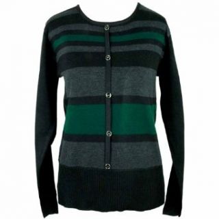 Luxury Divas Green Gray & Black Striped Sweater With Button Trim Pullover Sweaters
