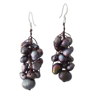 Cotton/ Silver Grape Cluster Black Pearl Earrings (5 10 mm) (Thailand) Earrings