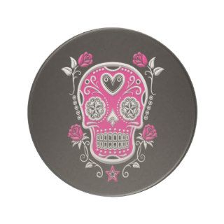 White and Pink Sugar Skull with Roses on Black Beverage Coaster