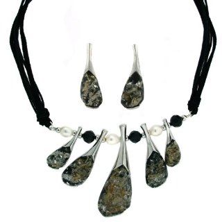 Modern Necklace Pendants Dangle Earring Set Pearl Crystals Black Cord 16 20 inches Bucasi Jewelry Sets Jewelry