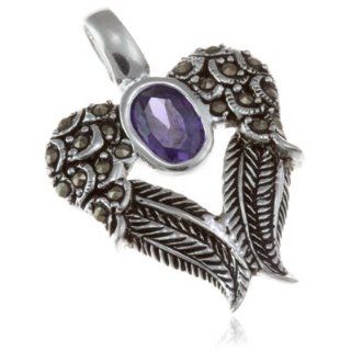 Bezel Jewelry Oxidized .925 Sterling Silver Amethyst Angel Wings and Heart Design Genuine Marcasite Pendant 1" Jewelry