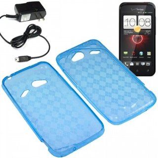 BW TPU Sleeve Gel Cover Skin Case for Verizon HTC Droid Incredible 4G LTE 6410 + Travel Charger Blue Checker Cell Phones & Accessories