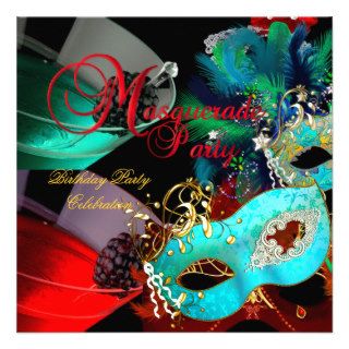 Masquerade Birthday Party Red Teal Gold Masks Personalized Invite
