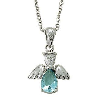 Sterling Silver 5/8" Aquamarine March Birthstone Angel Wing Necklace on 18" Chain Jewelry