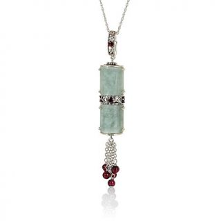 Jade of Yesteryear Green Jade and Garnet Sterling Silver Pendant with 18"