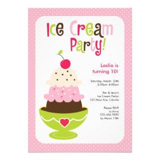 Ice Cream Party   Pink, Green and Brown Custom Announcements