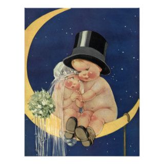 Vintage Cute Bride Groom and Moon, Bridal Shower Invitations