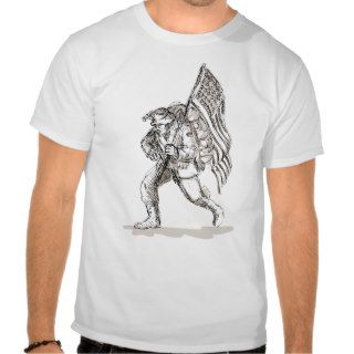 American soldier in battle gear carrying flag t shirt