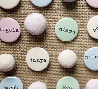 personalised sugar almond name badges by wedding in a teacup