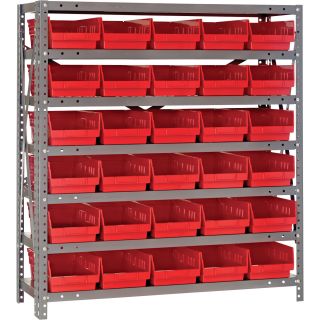 Quantum Storage Steel Shelving System with 30 Bins —  36in.W x 12in.D x 39in.H Rack Size, Red, Model# 1239-102R  Single Side Bin Units