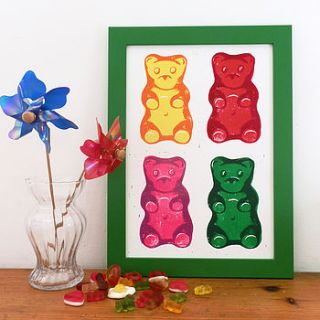 gummy bear linocut print by woah there pickle