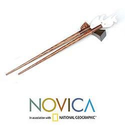 Set for 4 Ebony and Coconut Wood 'White Carp' Chopsticks (Indonesia) Novica Flatware