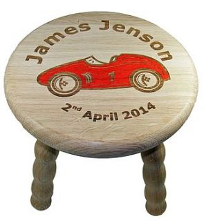 personalised child's racing car wooden stool by wooden keepsakes