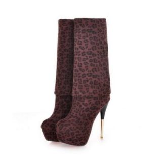 QueenFashion Women's Close Round Toe Platform Leopard Pattern Stiletto Heels Frosting Leather and Suede Knee High Boots Shoes