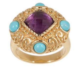 Amethyst & Turquoise Etruscan Design Ring 14K Gold —