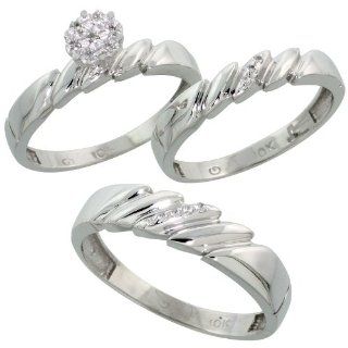10k White Gold Diamond Trio Engagement Wedding Ring Set for Him and Her 3 piece 5 mm & 4 mm wide 0.10 cttw Brilliant Cut, ladies sizes 5   10, mens sizes 8   14 Jewelry