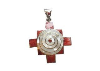 Peruvian Silver and Inlaid Shell Chakana Spiral Pendant Necklaces Jewelry