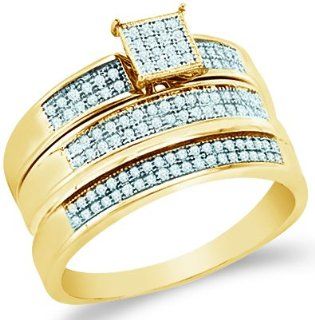 10k Yellow OR White Gold Mens and Ladies Couple His & Hers Trio 3 Three Ring Bridal Matching Engagement Wedding Ring Band Set   Round Diamonds   Micro Pave Princess Shape Center Setting (1/3 cttw)   SEE "PRODUCT DESCRIPTION" TO CHOOSE BOTH SI
