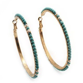 Gold Plated Turquoise Coloured Glass Bead Hoop Earrings   6.5cm Diameter Jewelry