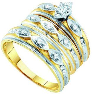 10k Yellow Gold Natural Marquise Diamond Mens Womens His + Hers 2 tone Wedding Engagement Bridal Ring & Anniversary Band Set   .30 (1/3) Ct.t.w. Jewelry