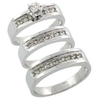 14k White Gold 3 Piece Trio His (6mm) & Hers (5mm) Diamond Wedding Ring Band Set w/ 0.54 Carat Brilliant Cut Diamonds; (Ladies Size 5 to10; Men's Size 8 to 14) Jewelry