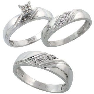 Sterling Silver Diamond Trio Wedding Ring Set His 6mm & Hers 4.5mm Rhodium finish, Men's Size 8 to 14 Jewelry