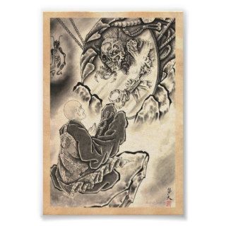 Cool classic vintage japanese demon monk tattoo print